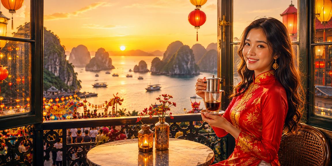 Người dùng tại vịnh Hạ Long thưởng thức cà phê và khám phá casino trực tuyến