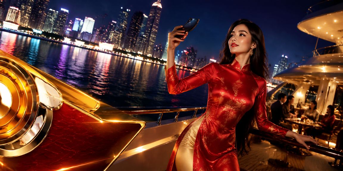 Người phụ nữ mặc áo dài tại Quy Nhơn thực hiện nạp tiền thưởng qua điện thoại
